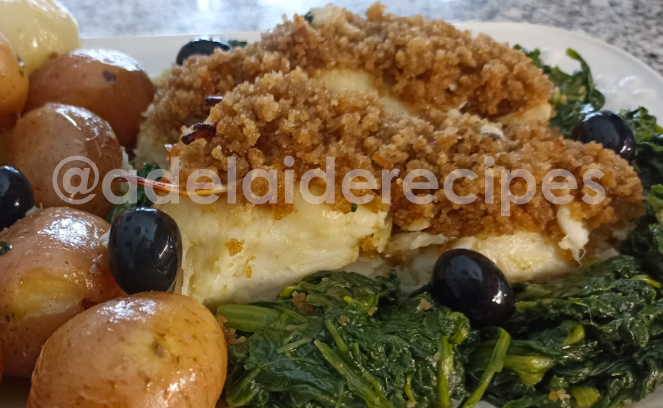 Cod with cornbread and sautéed greens